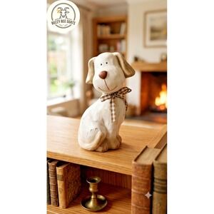 Wood Decorative Dog Figurine with Checkered Ribbon Bow